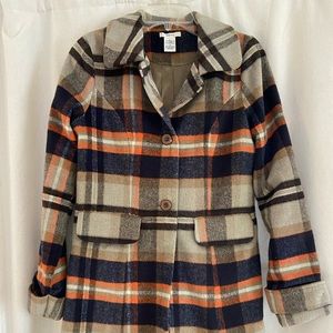 Cute orange, navy & cream plaid coat, size M